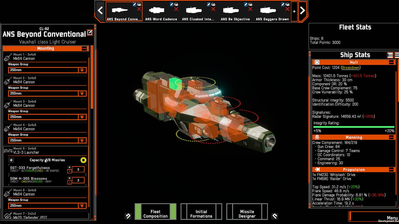 A holographic depiction of a ship in the fleet editor from Nebulous Fleet Command